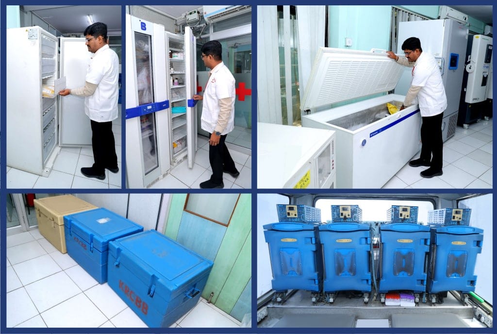 Das Indische Rote Kreuz in Karnataka lagert und transportiert Blutkomponenten mit Geräten von B Medical Systems – u. a. B381‑Blutbankkühlschränke, MB3000G‑Blutkühltruhe, Laborgeräte F290/L380 sowie MT‑Transportboxen – und gewährleistet stabile Temperaturen und hohe Zuverlässigkeit.