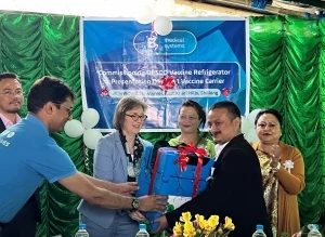 The Hon. Ambassador of the Grand Duchy of Luxembourg to India, Ms. Peggy Frantzen, visited the Mawlynrei centre to see the important role of such devices, and presented the first made in India vaccine carrier to the PHC Sub Centre.