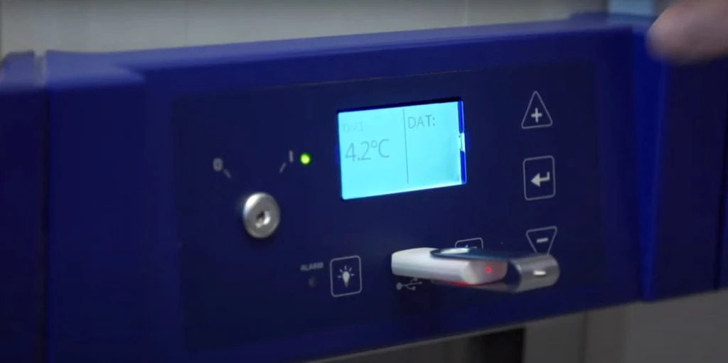 Digital display of B Medical Systems blood bank refrigerator.