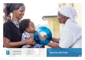 Baby getting vaccine from cold chain equipment for vaccines