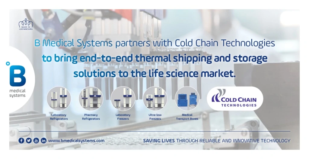 Cold Chain Technologies will be offering B Medical Systems ultra-low freezers, laboratory refrigerators, pharmacy refrigerators, laboratory freezers, and medical transport boxes.