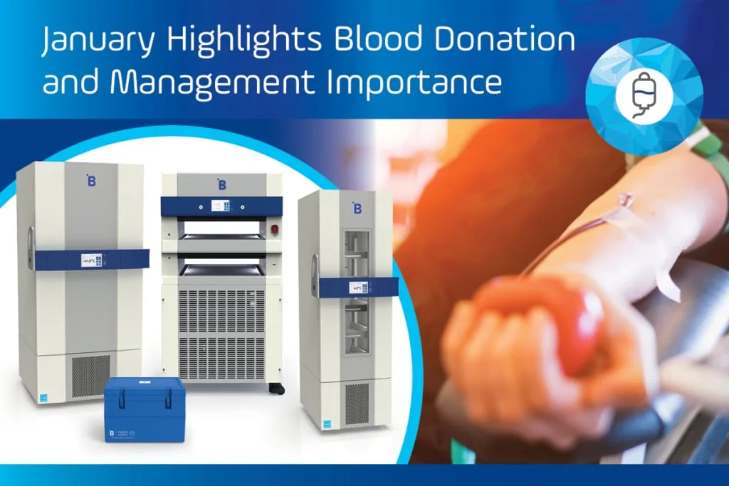 Blood management products including blood transport containers, contact shock freezer, and plasma storage freezers.