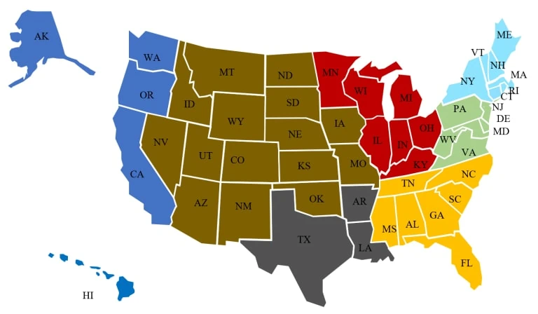 US Sales Team coverage area.