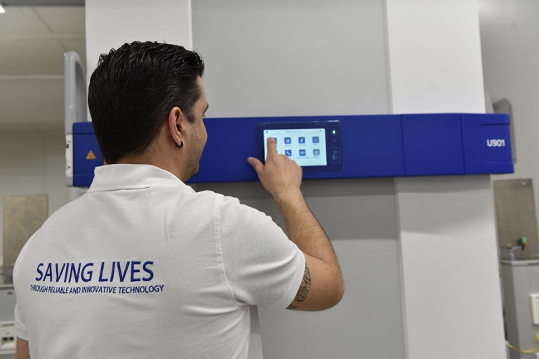 °B Care+ team member checking a product as per the after sales services plans.